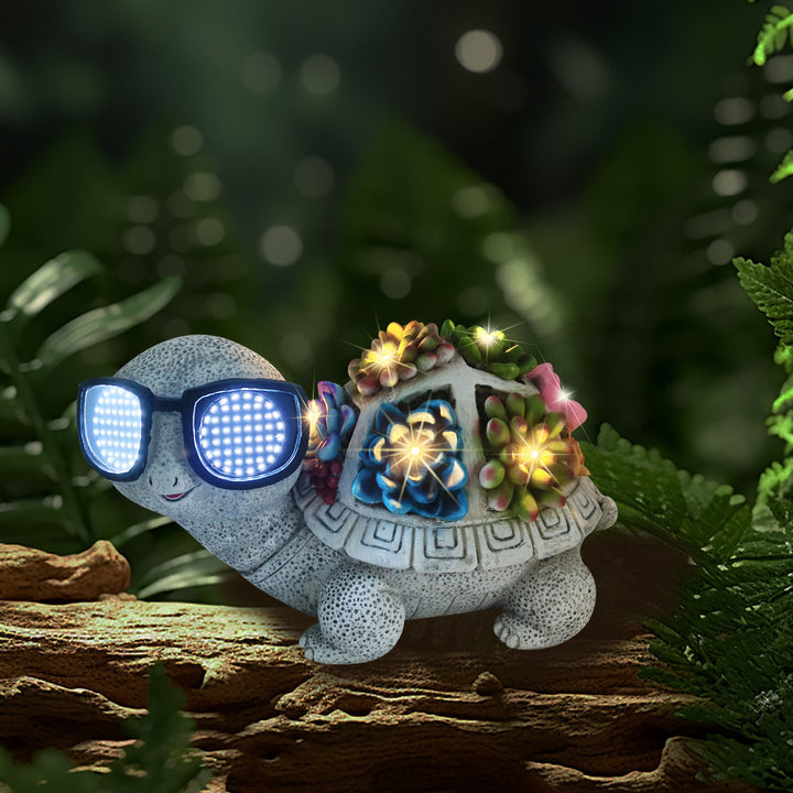 Solar-powered garden gnome sculpture with integrated LED fairy lights and turtle pot