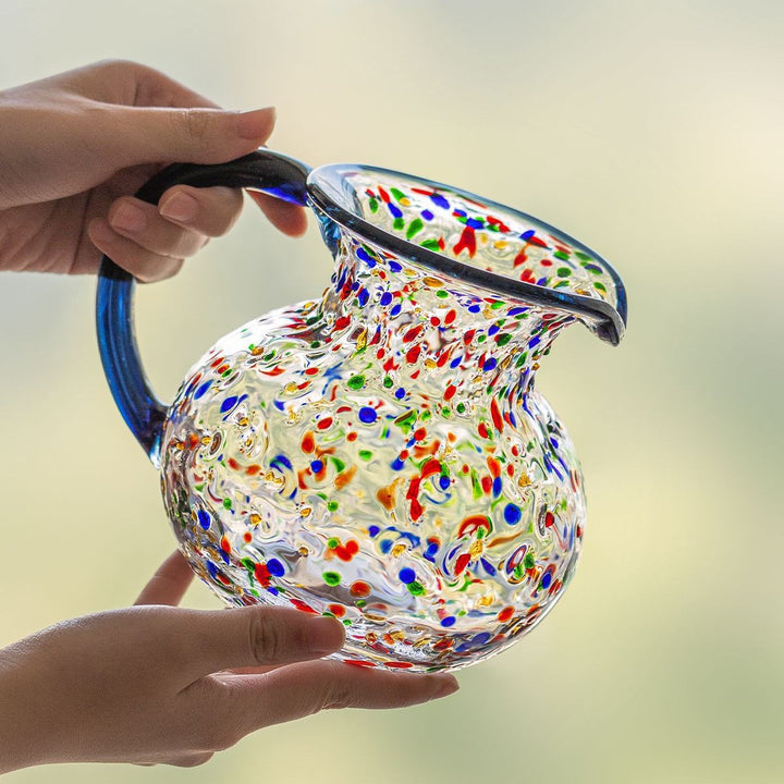 Handblown Confetti Glass Water Pitcher with Curved Handle