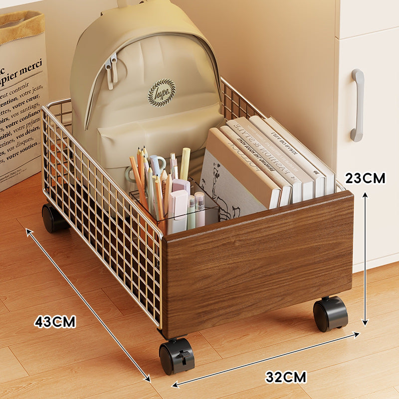 Mobile Under-Desk Wire Mesh Storage Drawer with Wooden Panels