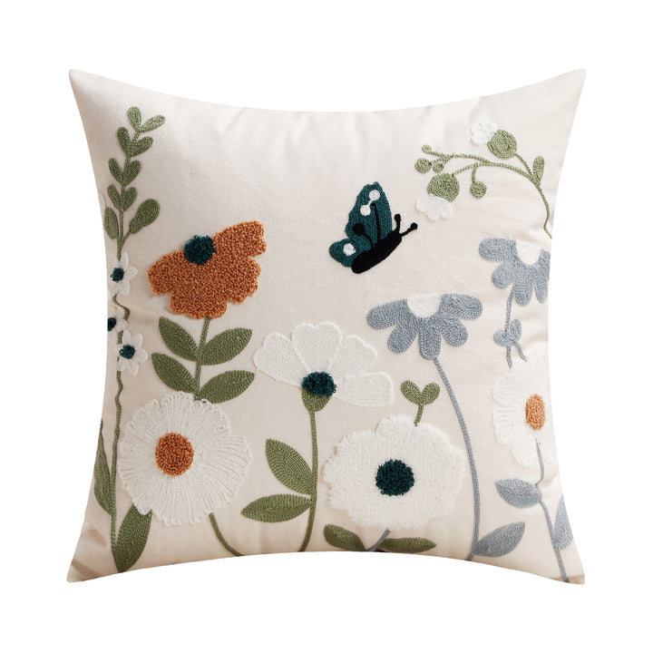 Embroidered Botanical Linen Decorative Pillow Cover with Textured Chenille Accents