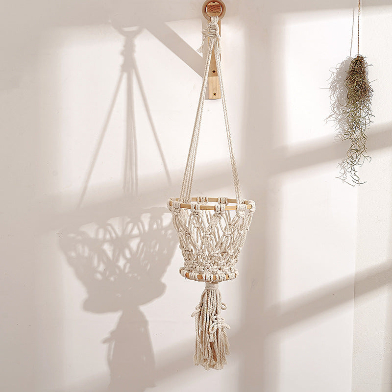Macrame Hanging Planter with Wooden Accents