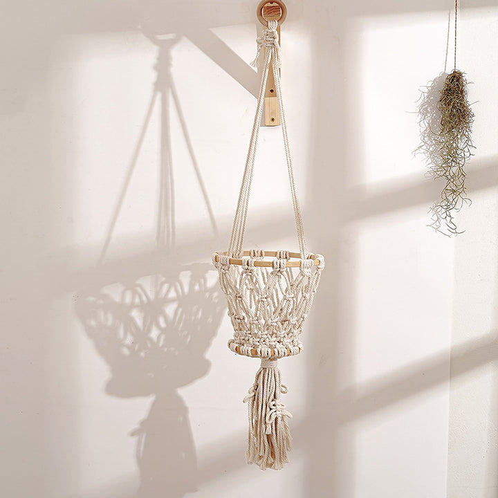 Macrame Hanging Planter with Wooden Accents
