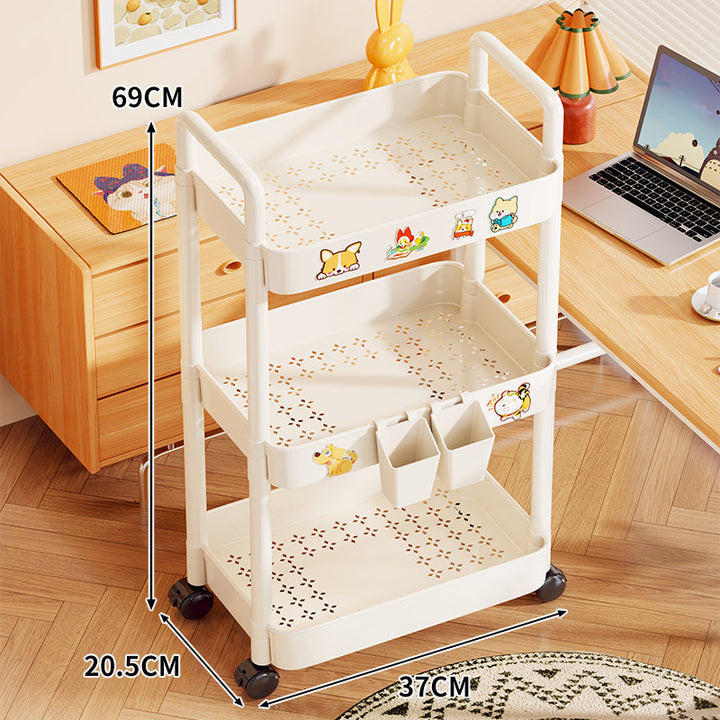 Triple-Tier Rolling Metal Storage Cart with Perforated Trays and Locking Casters