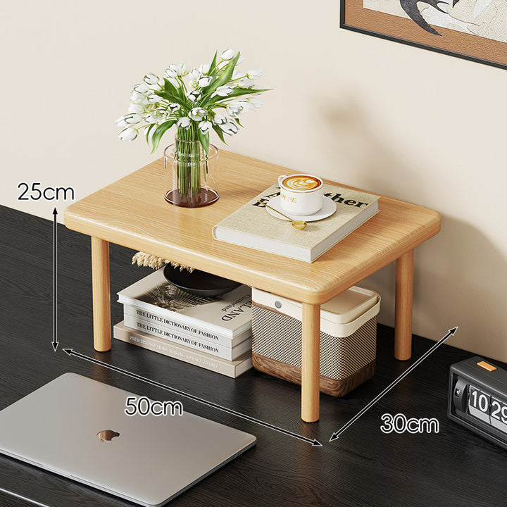 Compact Solid Wood Elevated Desk Display Stand with Under-Shelf Storage and Rounded Leg Design