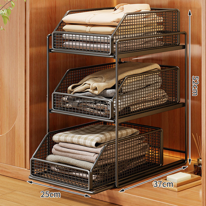 Two-Tier Pull-Out Wire Mesh Closet Organizer with Soft-Glide Slide and Stackable Drawers