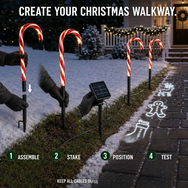 Solar-powered projecting candy cane path lights