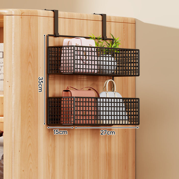 Over-the-Door Metal Grid Hanging Organizer with Four Stackable Baskets and Hooks
