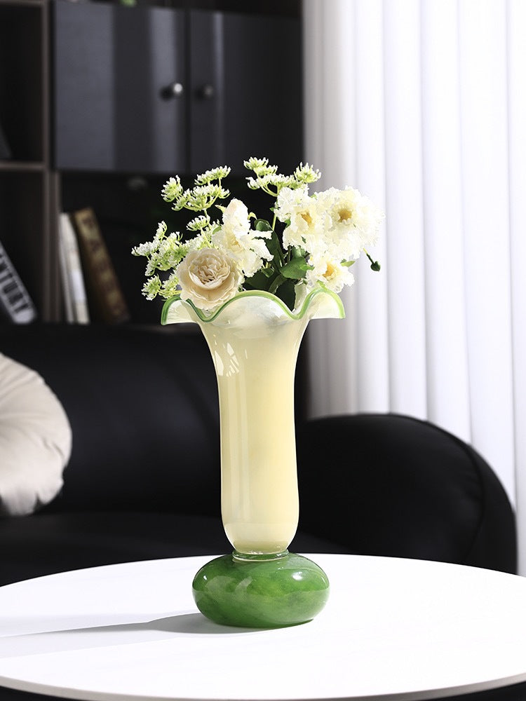 Tall Hand-Blown Fluted Glass Vase with Ruffled Rim & Rounded Pedestal Base