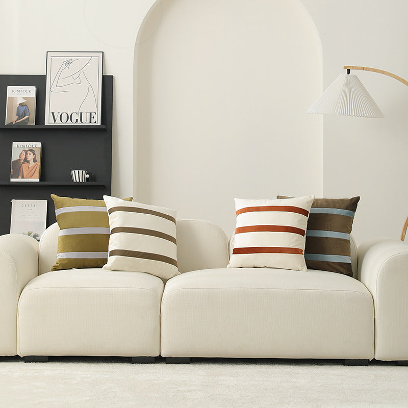 Square velvet decorative cushion with contrasting stripes and hidden zipper