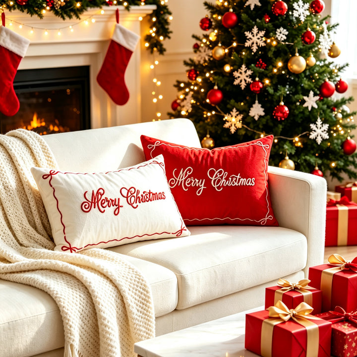 Embroidered Holiday Satin Lumbar Throw Pillow Cover with Hidden Zipper