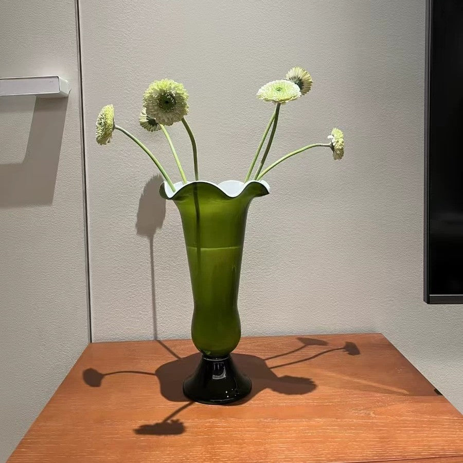 Tall Ruffled-Lip Pedestal Glass Flower Vase