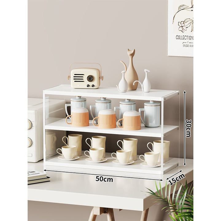 Multi-Level Bamboo-Style Countertop Kitchen Mug and Canister Organizer Shelf with Open Wood Shelves and Slim Metal Frame