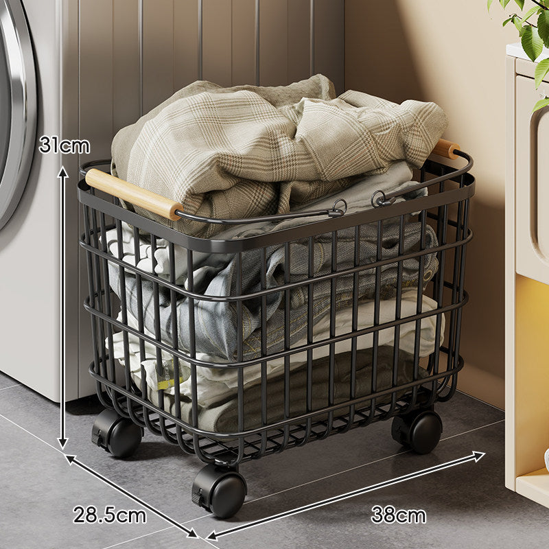 Ventilated Square Wire Laundry Cart with Wood-Grip Handles and Locking Casters