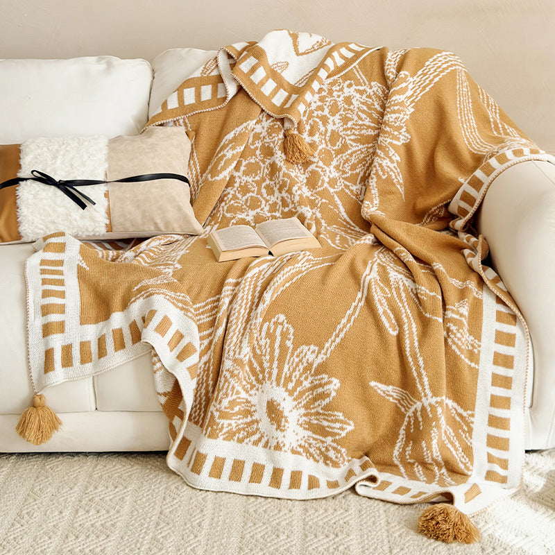 Cozy Knitted Floral Print Blanket