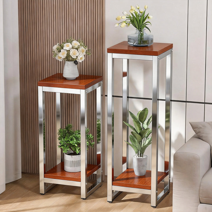 Tall Marble-Top Decorative Plant Pedestal with Slim Metal Frame