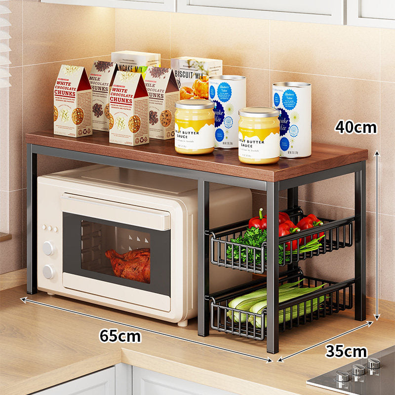 Microwave Countertop Organizer Shelf with Wooden Top and Pull-Out Wire Basket Drawers