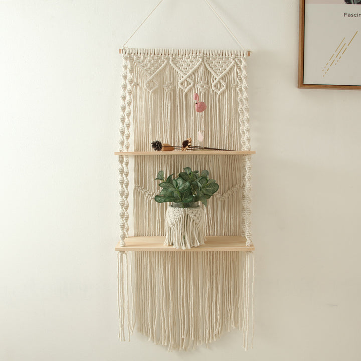 Macrame Wall Shelf with Natural Wooden Shelves