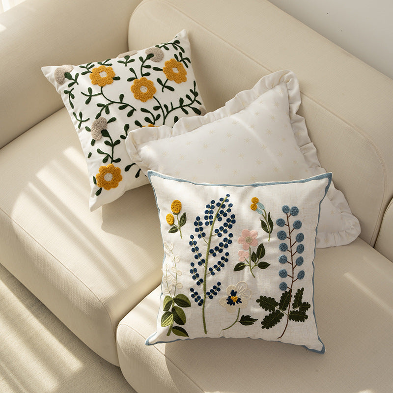 Hand-tufted square decorative cushion cover with floral chenille appliqué