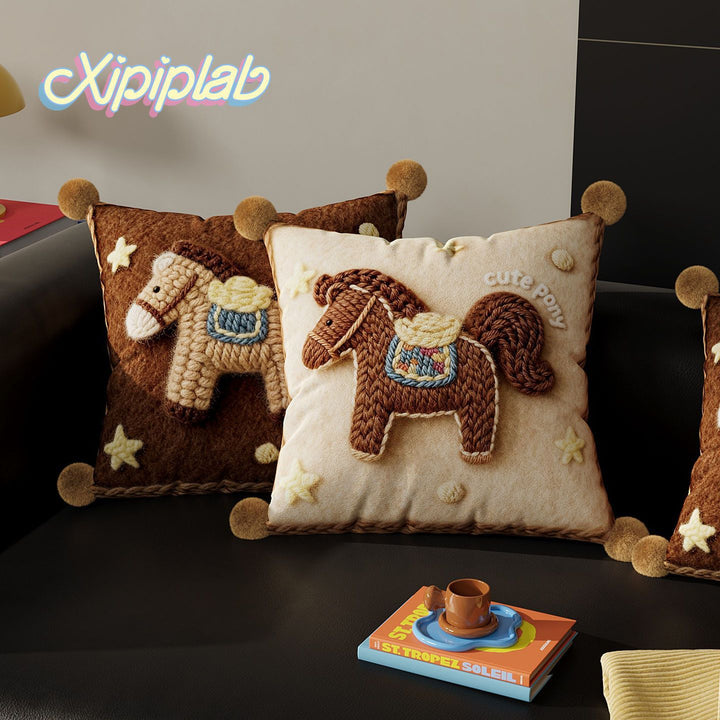 Embroidered Pony Pom-Pom Accent Throw Pillow Cover with Plush Appliqué