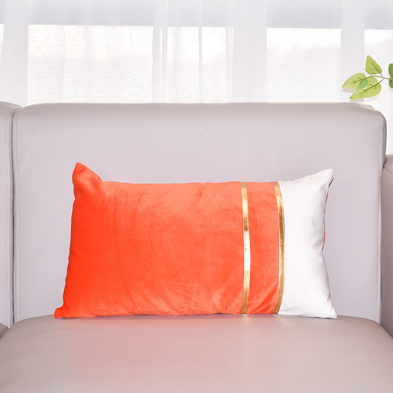 Rectangular Velvet-Blend Lumbar Cushion Cover with Dual Metallic Gold Bands