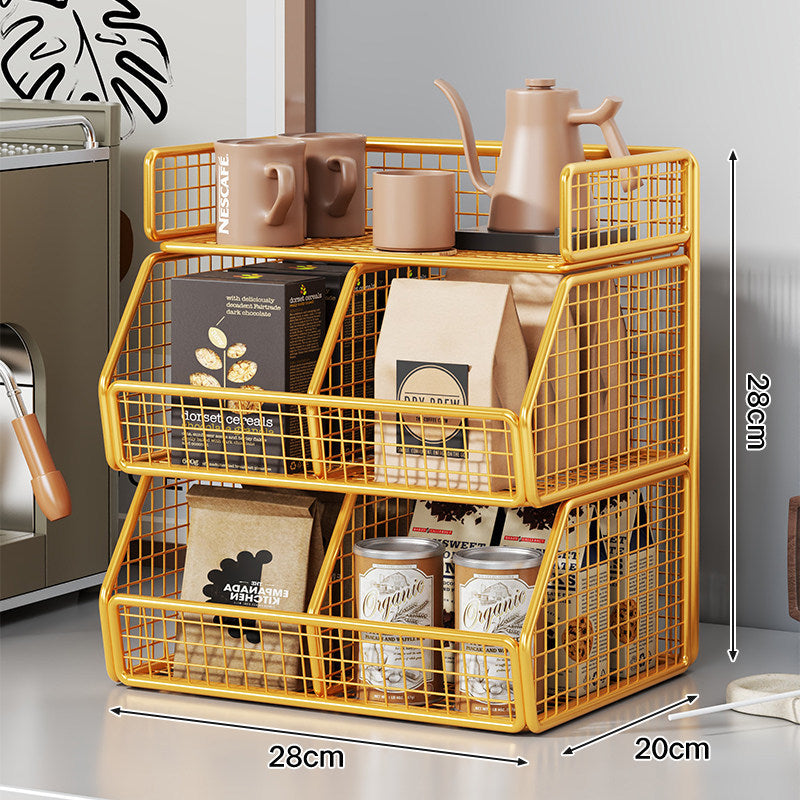 Stackable Two-Tier Wire Mesh Countertop Pantry Organizer with Tilt-Front Bins