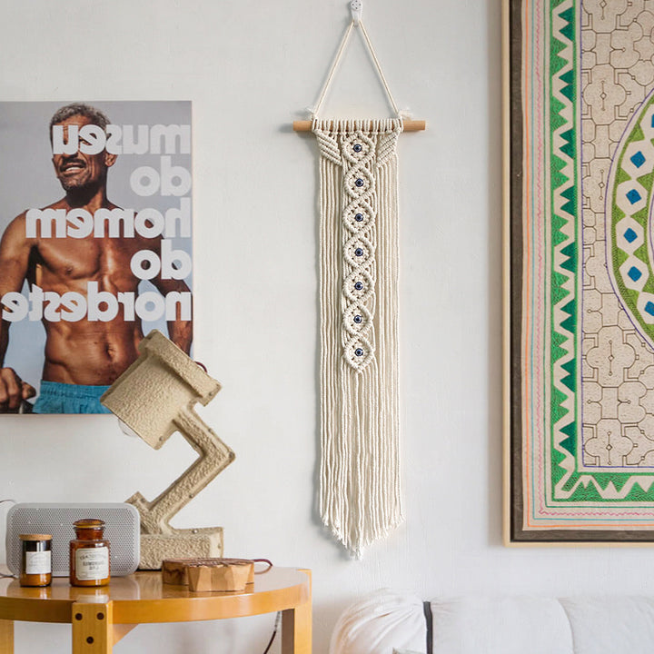 Macrame Wall Hanging with Wooden Ring and Decorative Elements