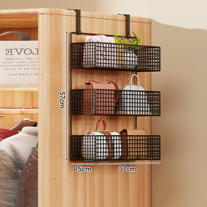 Over-Door Four-Tier Metal Mesh Hanging Storage Organizer with Integrated Hooks