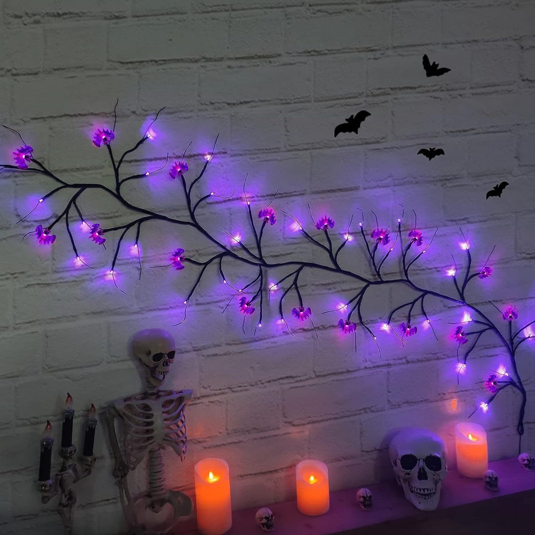 Halloween Branch LED String Lights with Jack-o'-Lantern Micro LED and Bat Silhouettes