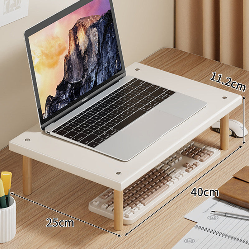 Compact Desktop Laptop and Monitor Riser with Under-Keyboard Storage and Wood Legs