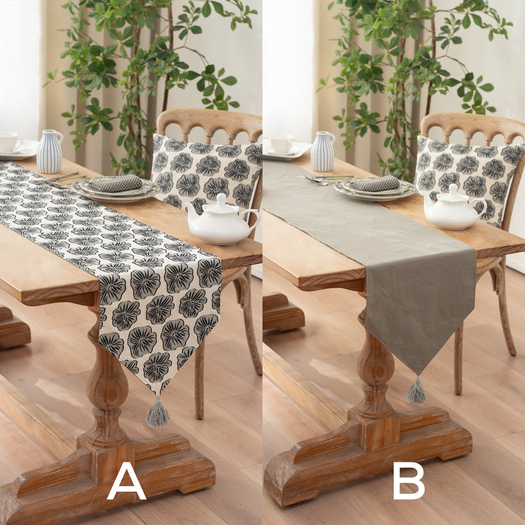 Woven double-sided linen table runner with tassels and hand-drawn swallow print