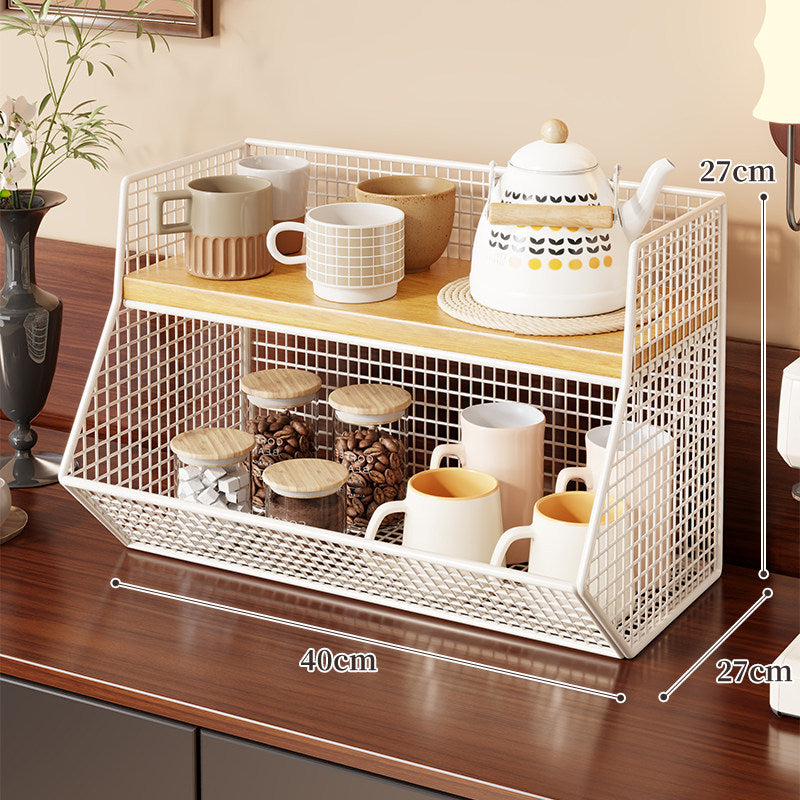 Two-Level Angled Wire Mesh Countertop Organizer with Wood-Effect Top Shelf and Front Drop Bins