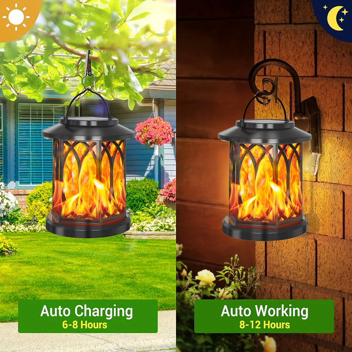 Decorative solar-powered hanging lantern for outdoor use with iron mesh frame