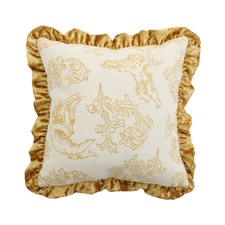 Square decorative pillow in Baroque style with velvet ruffle and putto jacquard