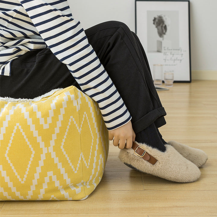 Cubical seat pouf made of woven cotton blend with ethnic diamond pattern