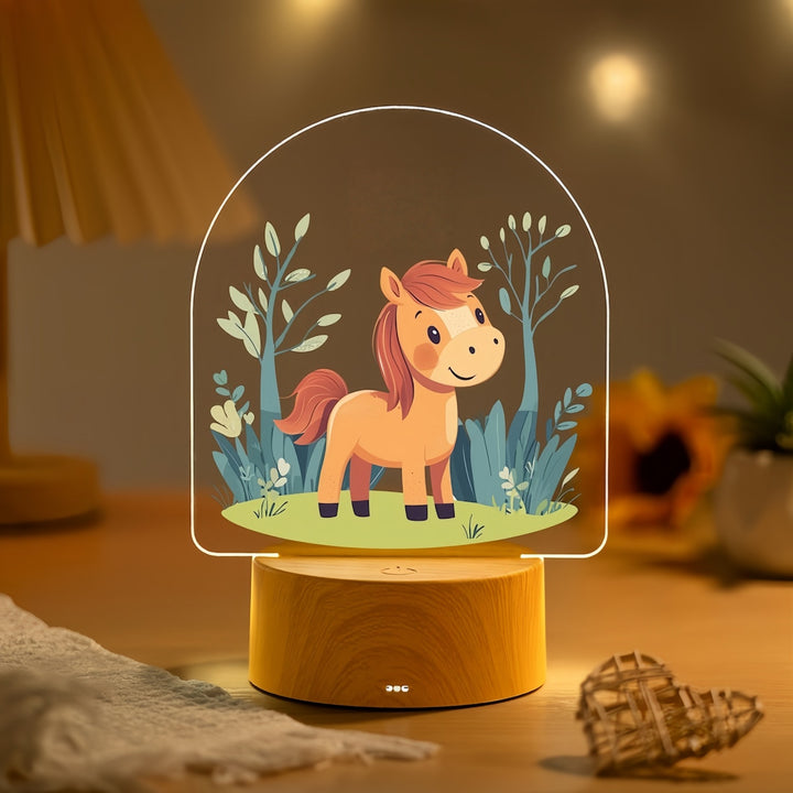 Child LED Acrylic Night Light with Cute Pony Illustration and Wooden Base