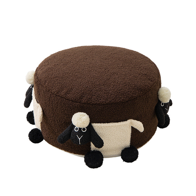Round plush seat pouf with cute sheep appliqués and teddy fleece