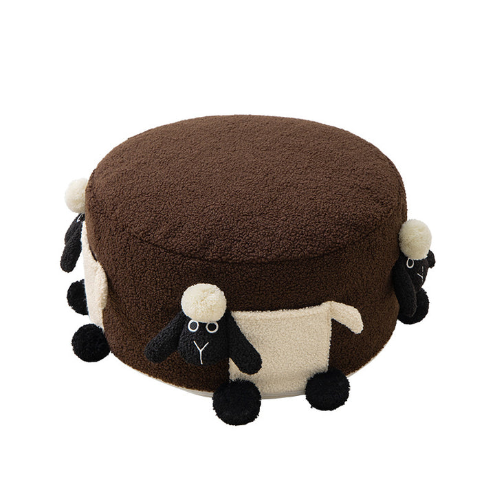 Round plush seat pouf with cute sheep appliqués and teddy fleece