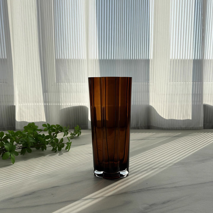 Tall Faceted Amber Cylinder Glass Vase with Scalloped Lip