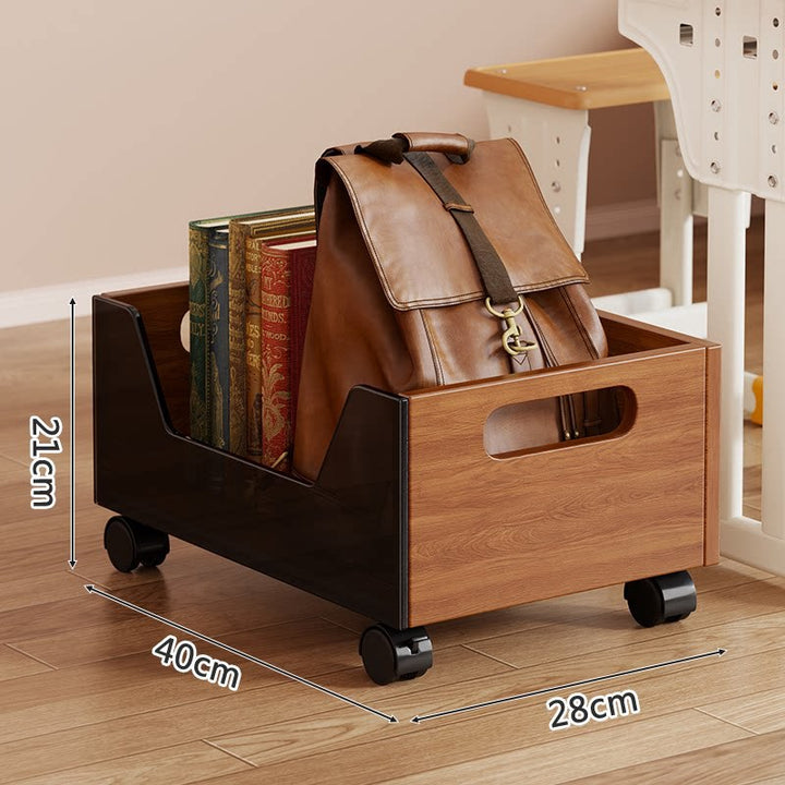Portable Wooden Floor Storage Bin with Cutout Handles and Open-Front Book & Backpack Organizer