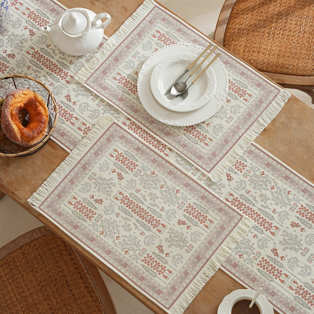 Decorative woven table runner with floral embroidery