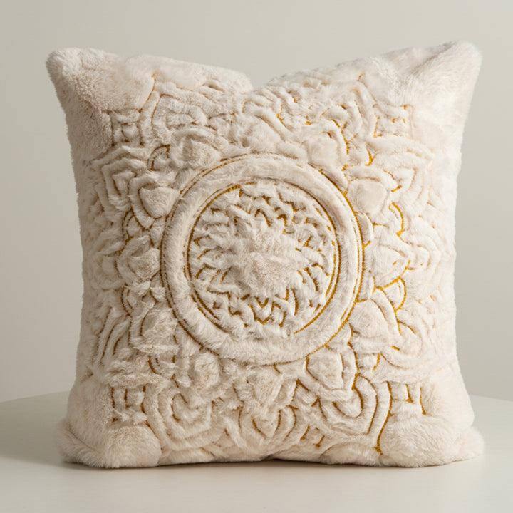 Square cushions made of micro plush with embossed mandala relief and concealed zipper