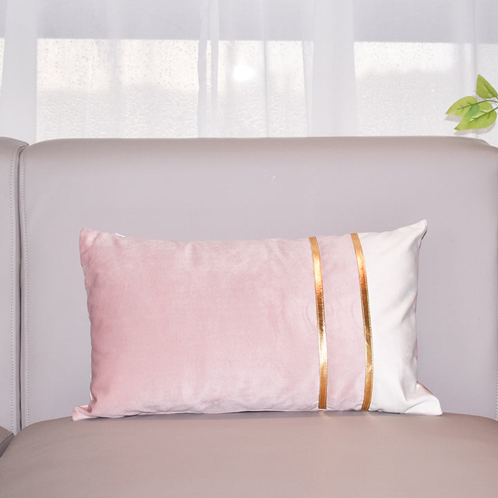 Rectangular Velvet-Blend Lumbar Cushion Cover with Dual Metallic Gold Bands