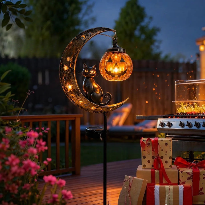 Solar-powered Half-moon Garden Stake Lantern with Cat Silhouette
