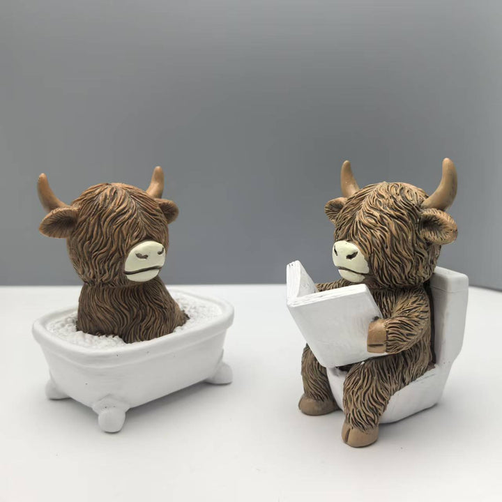 Funny decorative figure of a Highland cow in a bathtub