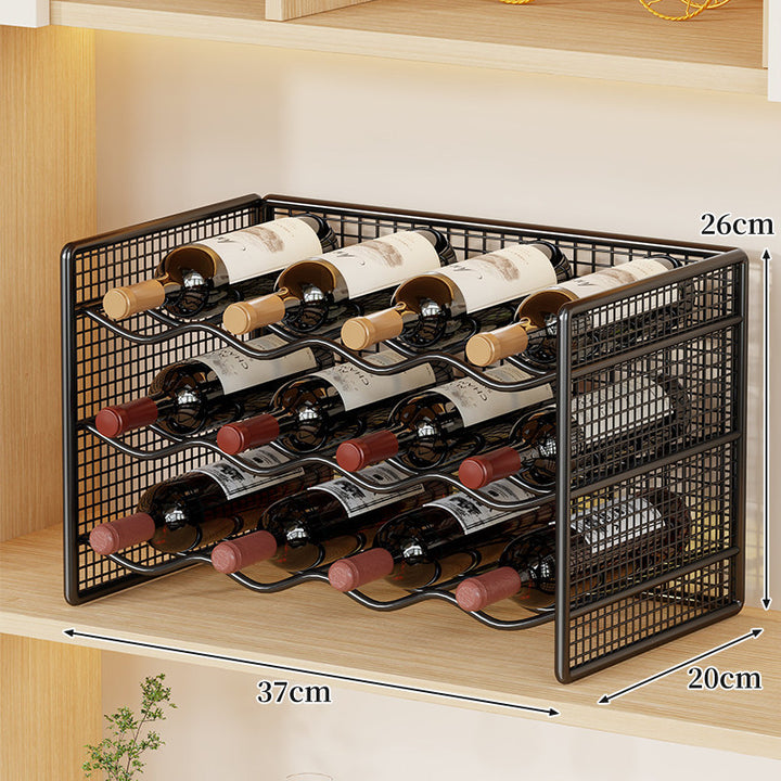Countertop Metal Wine Bottle Rack Mesh Organizer with Stackable Grid Sides and Curved Bottle Cradles