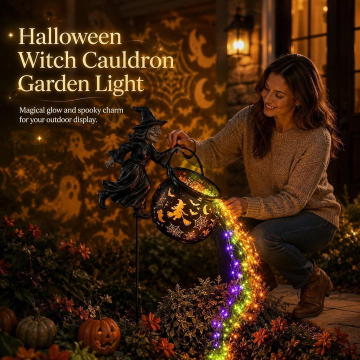 Garden decoration with illuminated witch figure