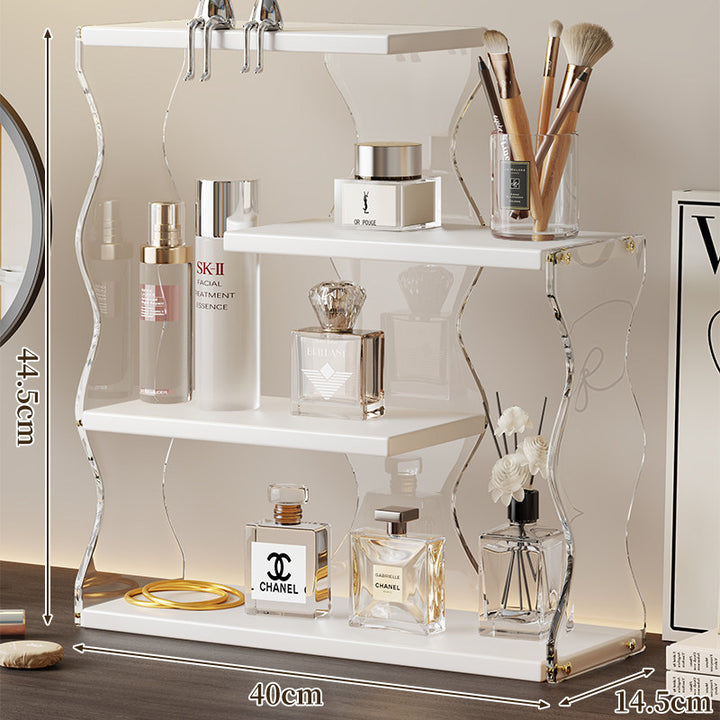 Acrylic Wave-Side Three-Tier Countertop Cosmetic Organizer with Wood Shelves