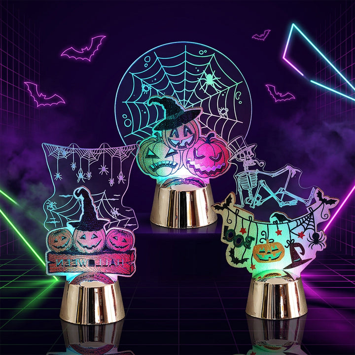 Halloween Acrylic LED Night Light with Pumpkin Trio and Spider Web Etched Panel