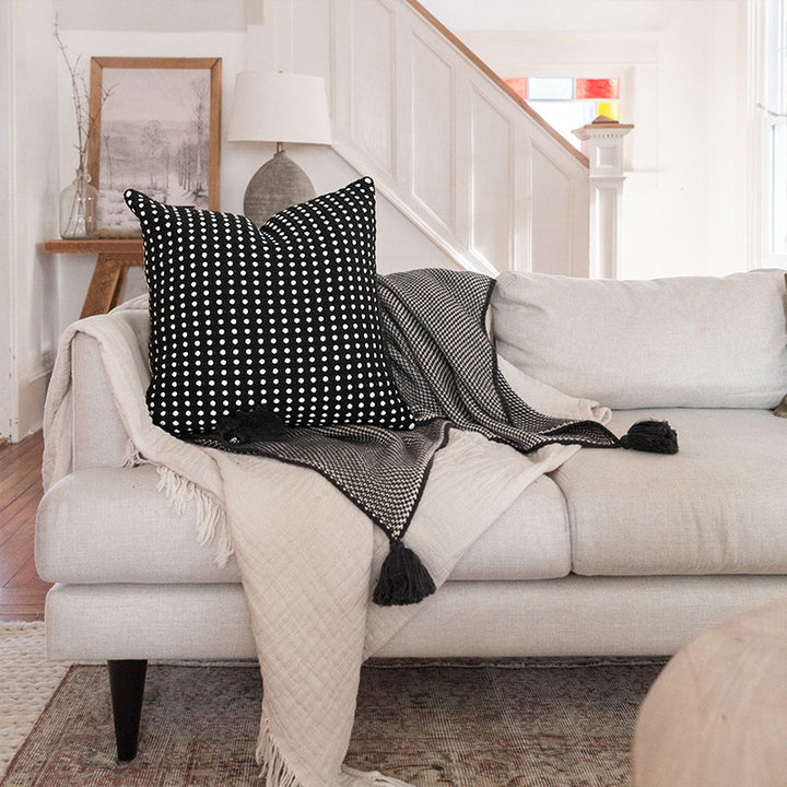 Decorative cushion cover with textured hole waffle weave structure made from cotton-linen mix