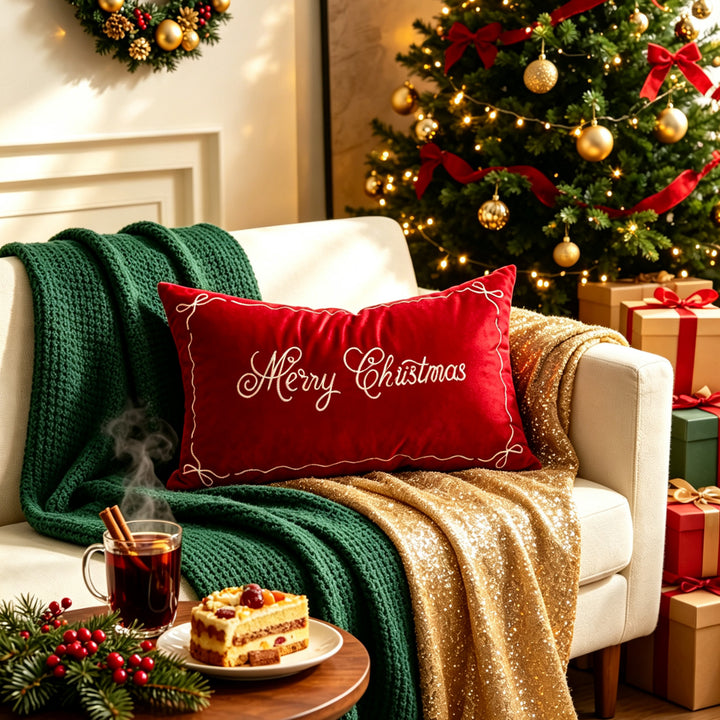 Embroidered Holiday Satin Lumbar Throw Pillow Cover with Hidden Zipper